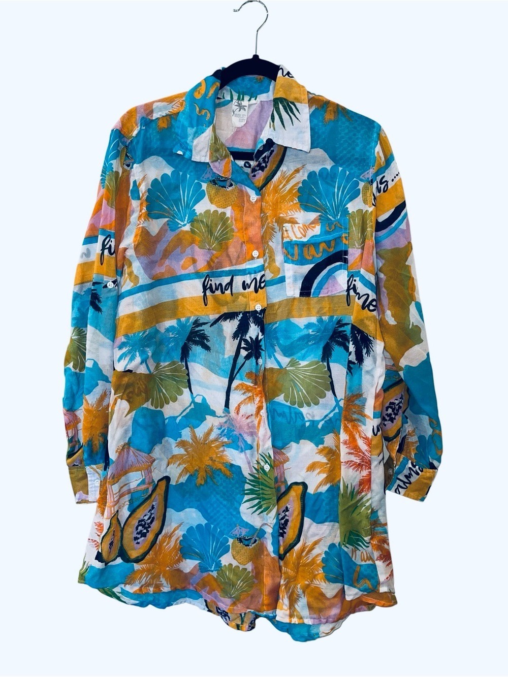 Violet Sky Shirt Dress Women Blue Orange Tropical Palm Tree Button Down Tunic L - Picture 2 of 4